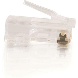 C2G RJ45 Cat5e Modular Plug for round stranded cables with gold-plated contacts, 100-pack for network and voice applications.