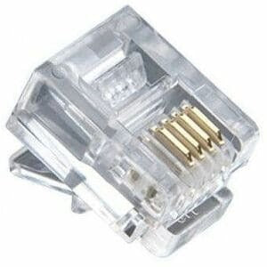 NSI Phone Connector RJ-11, 2-prong and 3-prong configurations, gold-plated contacts, clear polycarbonate, bulk pack of 500 connectors for telephone and data applications.